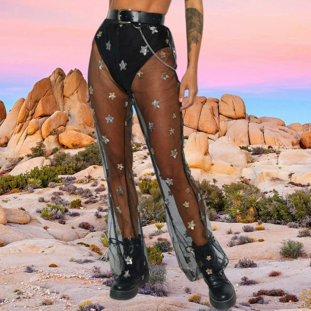 Luxe Festival Wear Luxe Festival High Waisted Sheer Black Trousers With Silver Stars