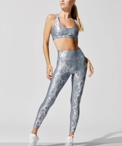 Luxe Festival Wear Luxe Metallic Snake Yoga Set | Silver Blue Activewear
