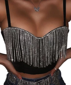 Luxe Festival Wear Luxe Black Rhinestone Tassel Bustier
