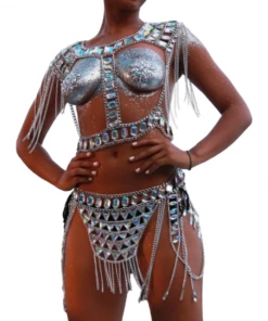 Luxe Festival Wear Luxe Rhinestone Harness Silver Top & Skirt Set Festival Collection