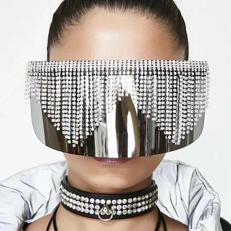 Luxe Festival Wear Festival Collection Luxe Rhinestone Tassel Oversized Face Shield