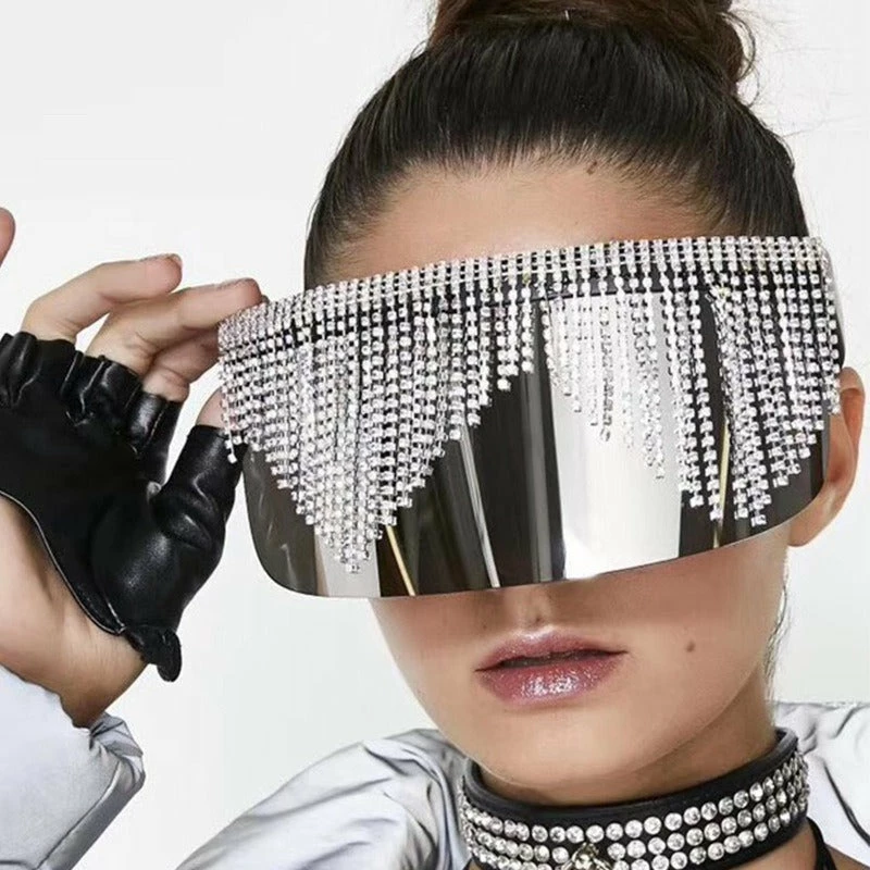 Luxe Festival Wear Festival Collection Luxe Rhinestone Tassel Oversized Face Shield