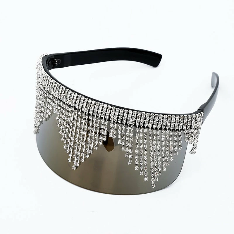 Luxe Festival Wear Festival Collection Luxe Rhinestone Tassel Oversized Face Shield