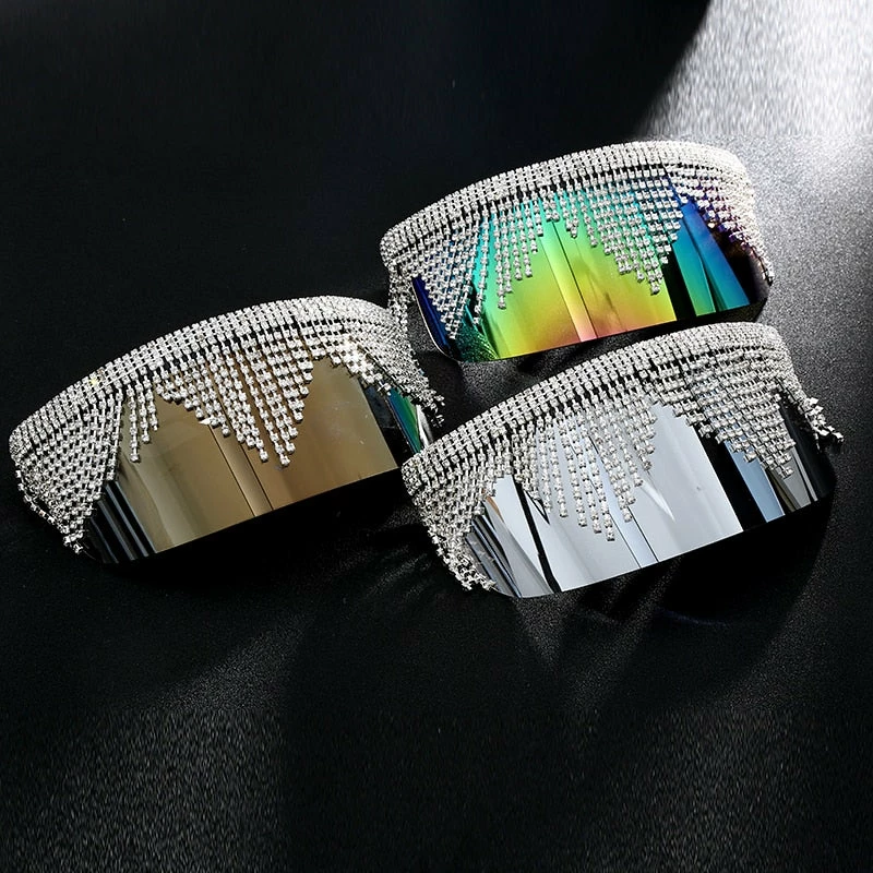 Luxe Festival Wear Festival Collection Luxe Rhinestone Tassel Oversized Face Shield