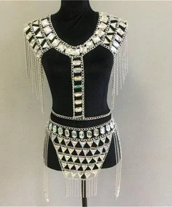 Luxe Festival Wear Luxe Rhinestone Harness Silver Top & Skirt Set Festival Collection