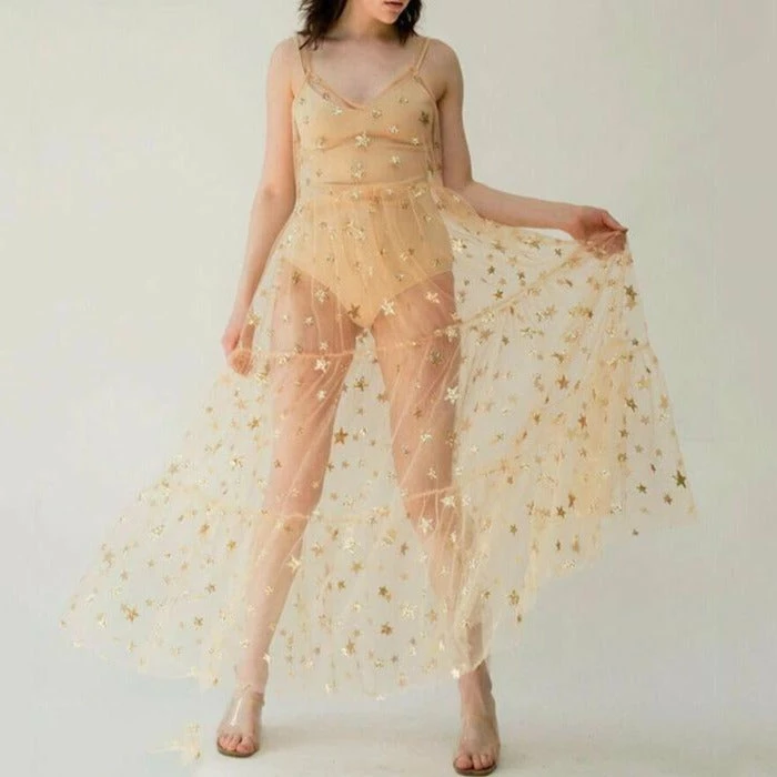 Luxe Festival Wear Luxe Festival Glitter Star Sheer Maxi Dress | Gold