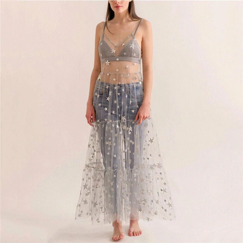 Luxe Festival Wear Luxe Festival Glitter Star Sheer Maxi Dress | Gold